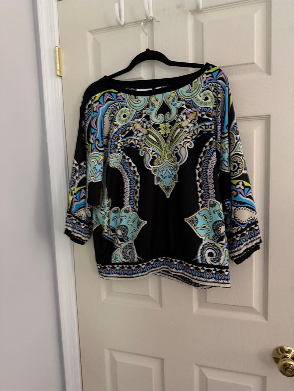 New York & Company Black Boatneck Top with Aqua and Purple Paisley